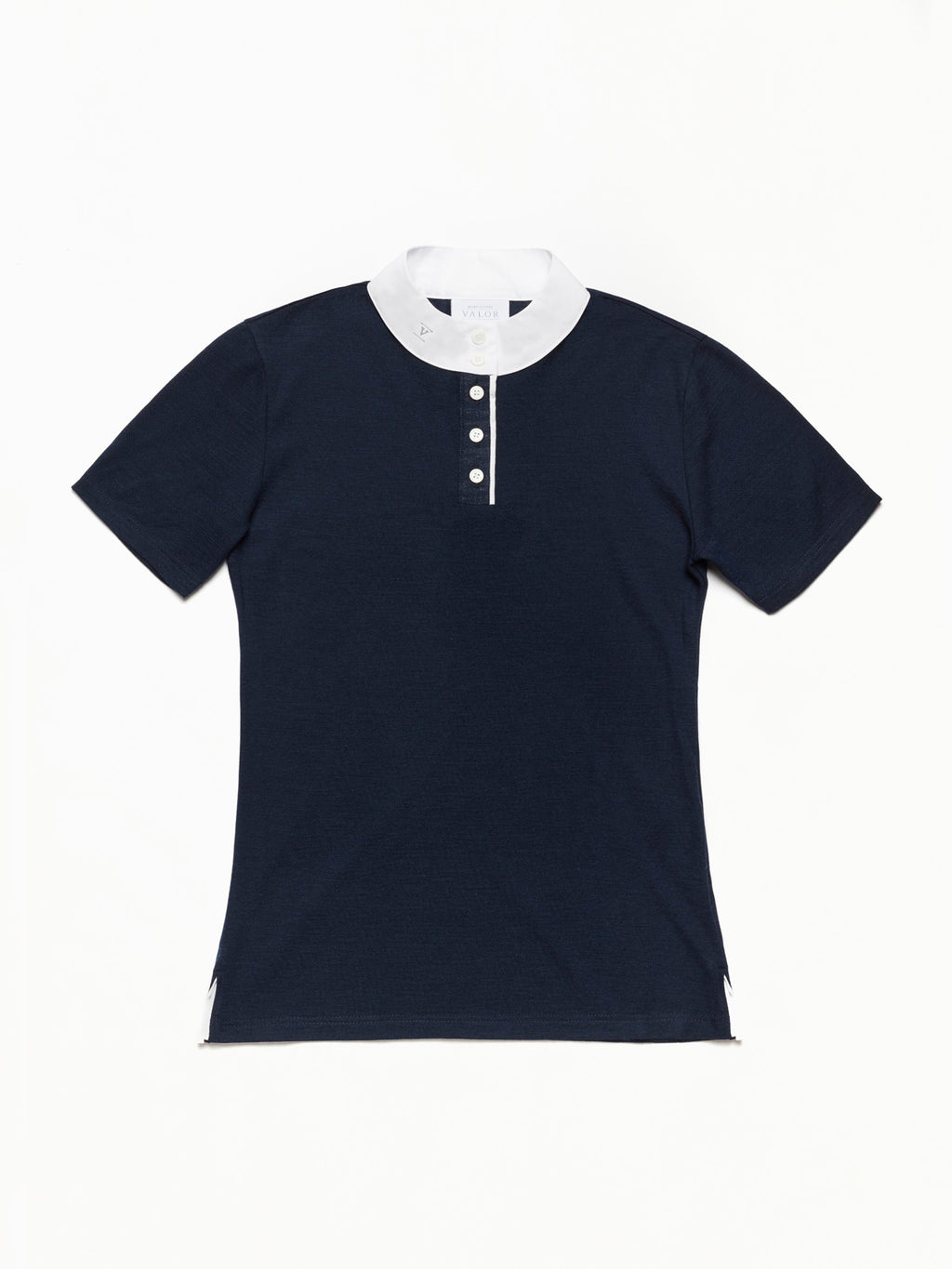 Short-sleeved navy equestrian show shirt with a white high collar and button placket against a white background.
