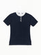 Short-sleeved navy equestrian show shirt with a white high collar and button placket against a white background.