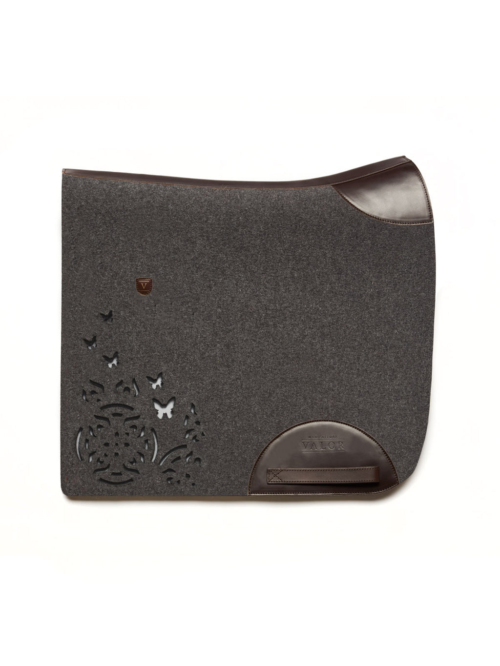 Sustainable dark grey wool felt saddle pad showing artisanal cut-outs and dark leather details.