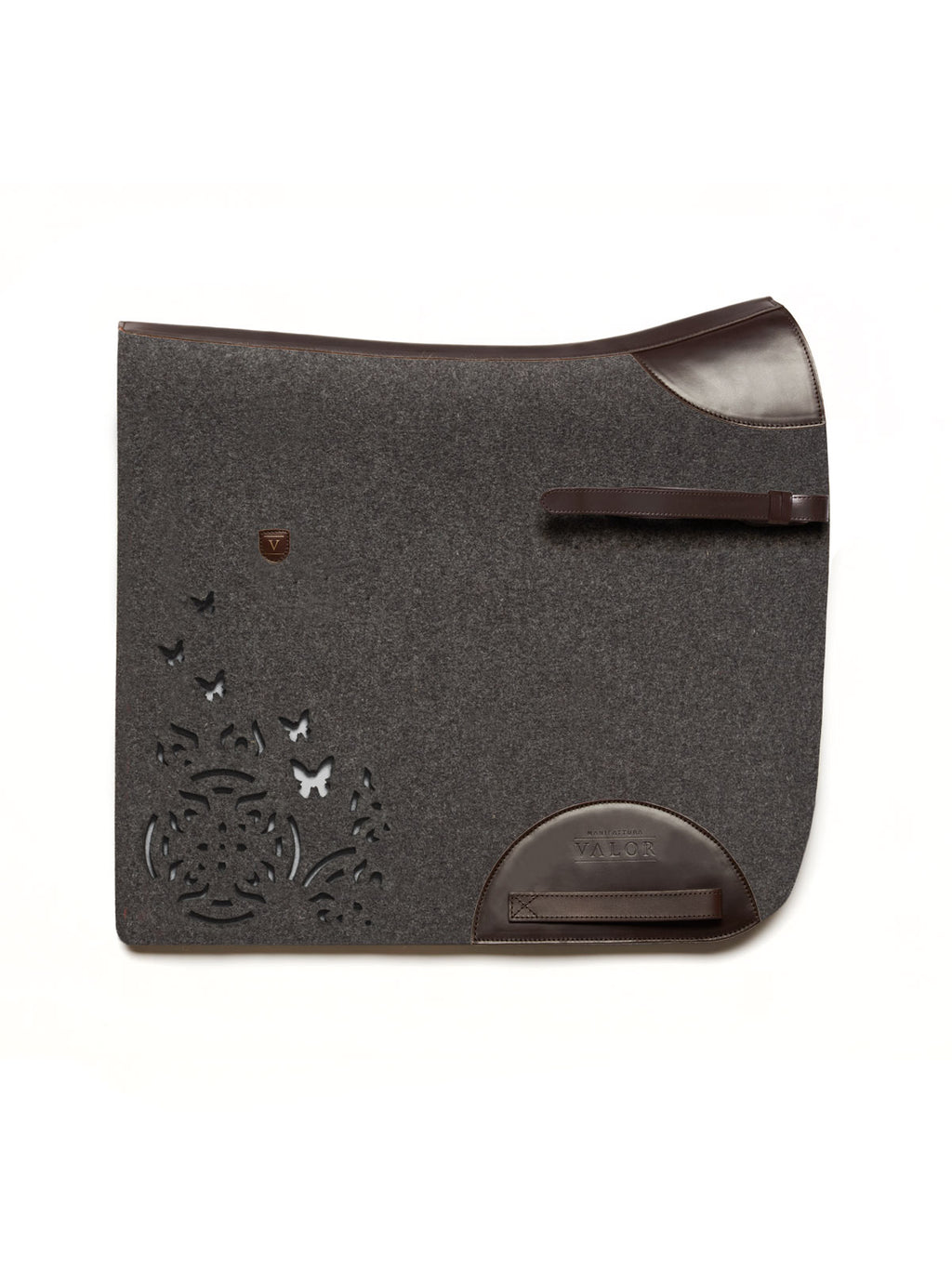 Charcoal FARFALLA horse saddle pad in natural wool felt without quilting seams and dark brown leather trim