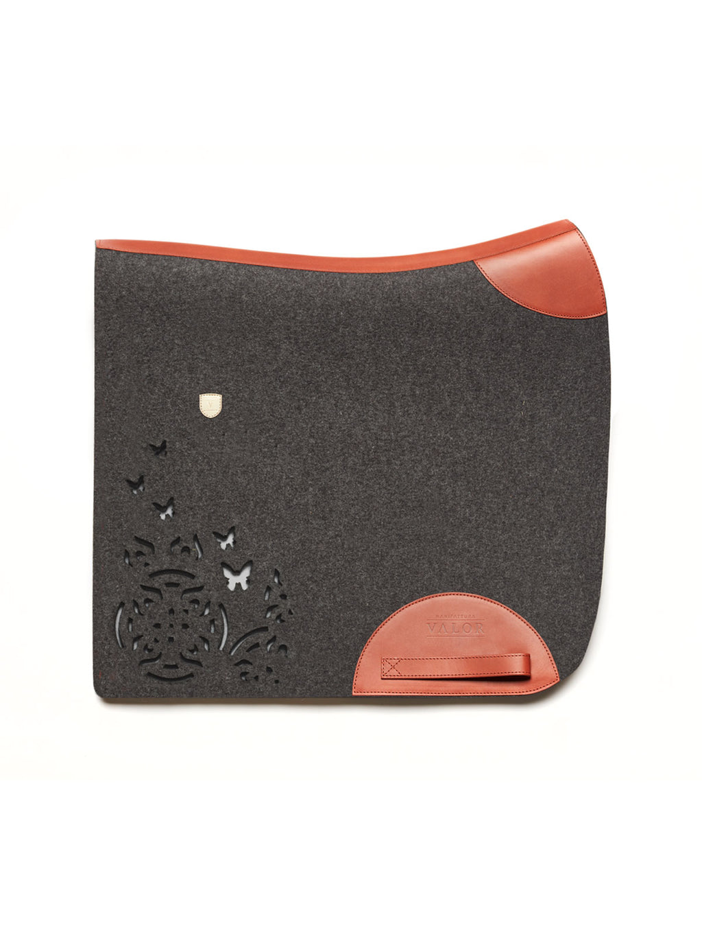 Luxury charcoal grey virgin wool felt equestrian saddle pad with bespoke butterfly cut-outs and tan trim