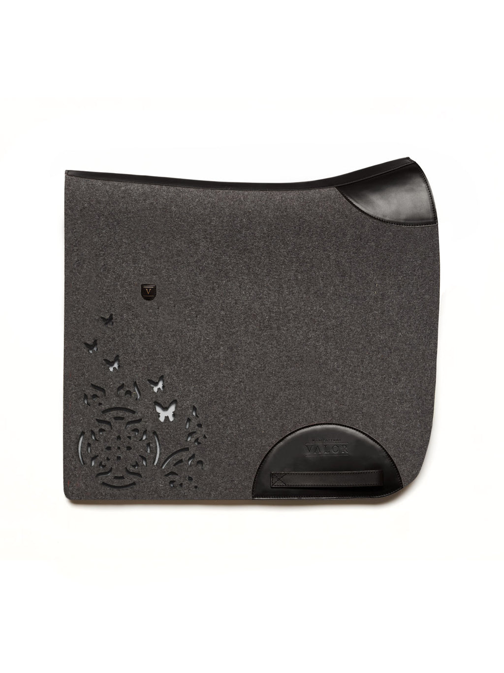 VALOR dark grey natural wool felt saddle pad featuring breathable, anatomical shape and black leather accents