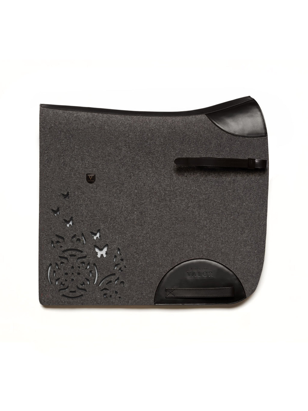 Contoured dark grey wool felt saddle pad featuring a butterfly cut-out design and polished black leather trim. 