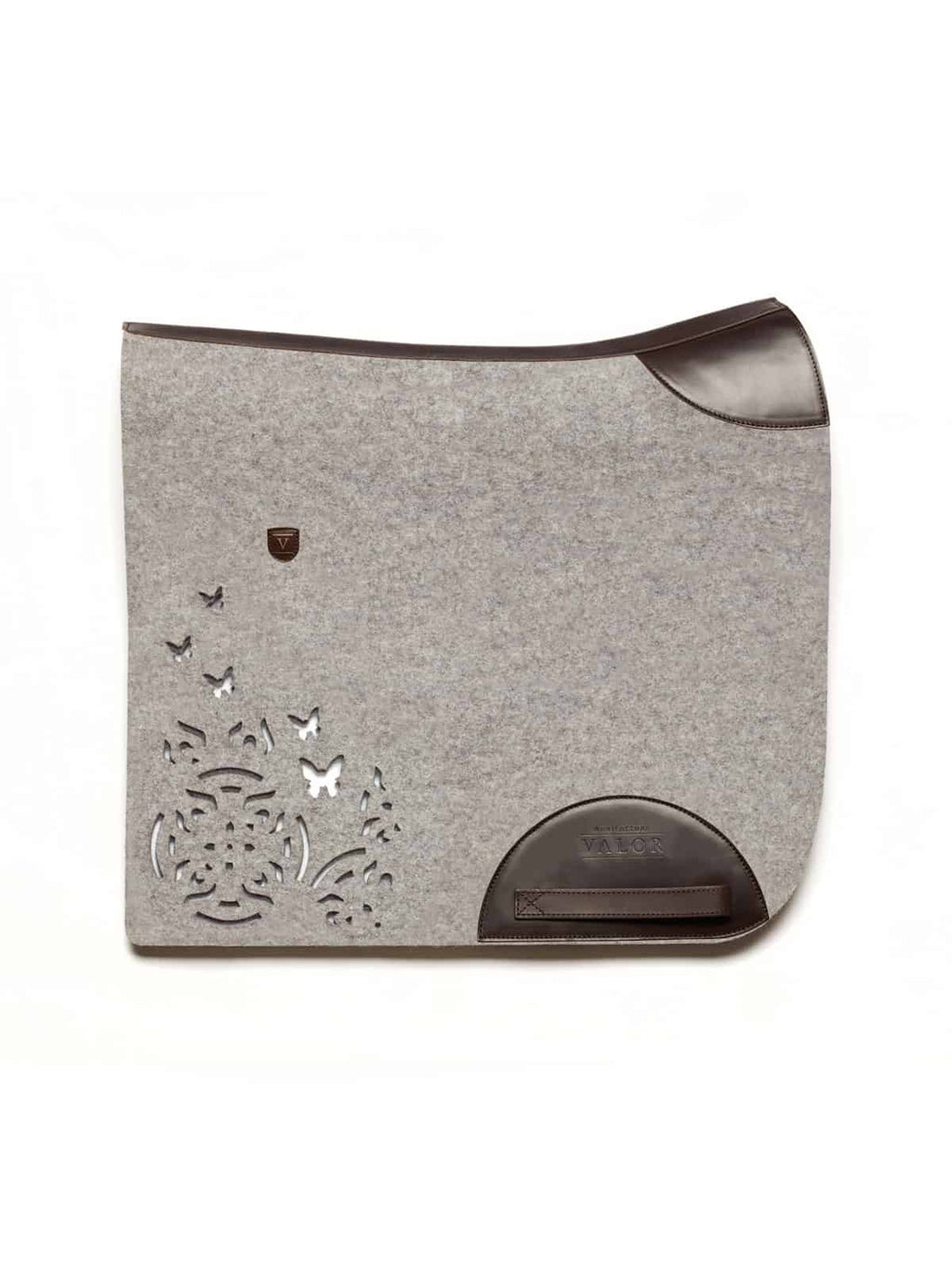 Premium grey wool felt saddle pad featuring horse-friendly design and dark brown leather patches