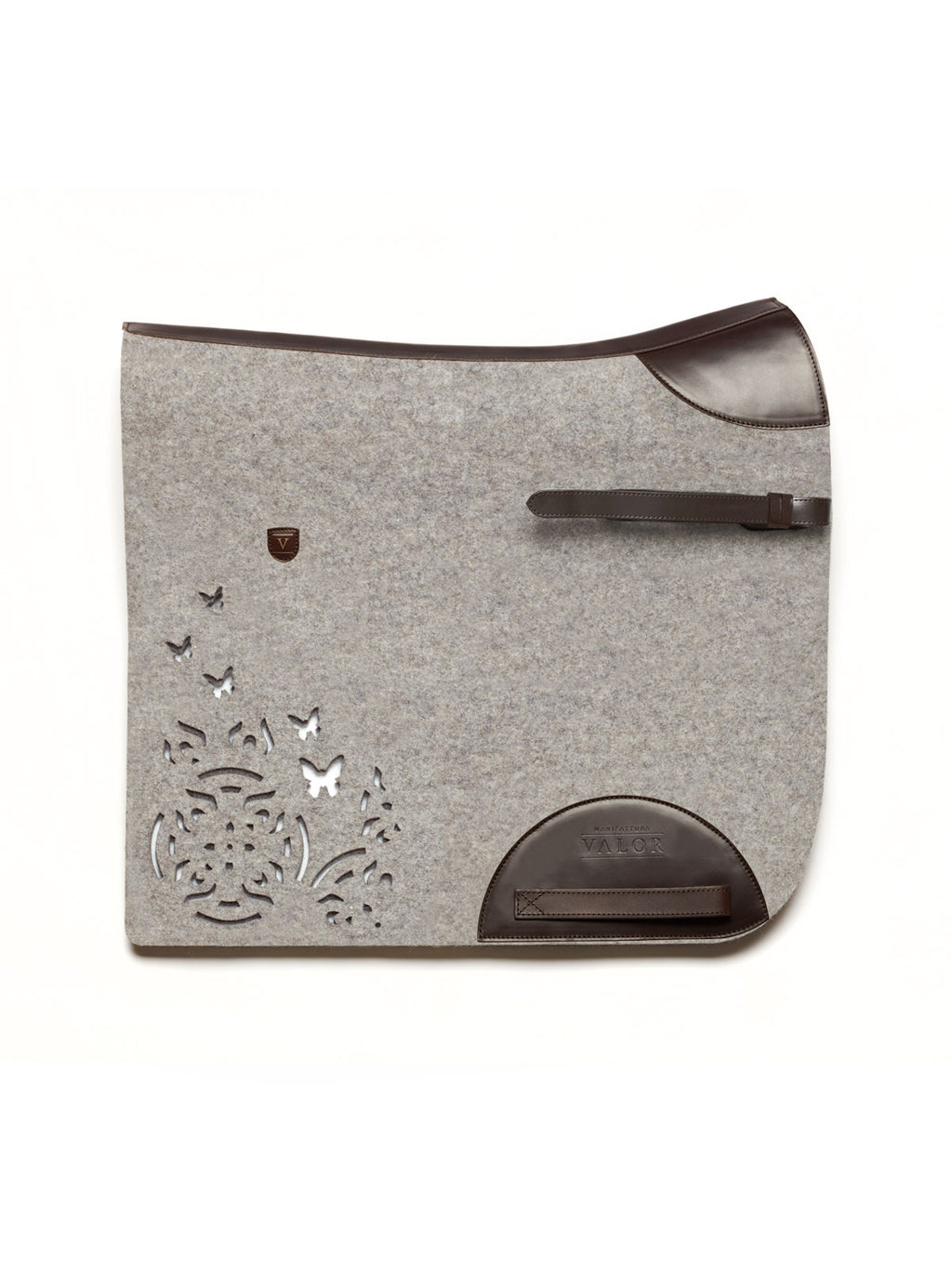Breathable grey-colored pure new wool felt equestrian saddle pad with decorative butterfly cut-outs. 