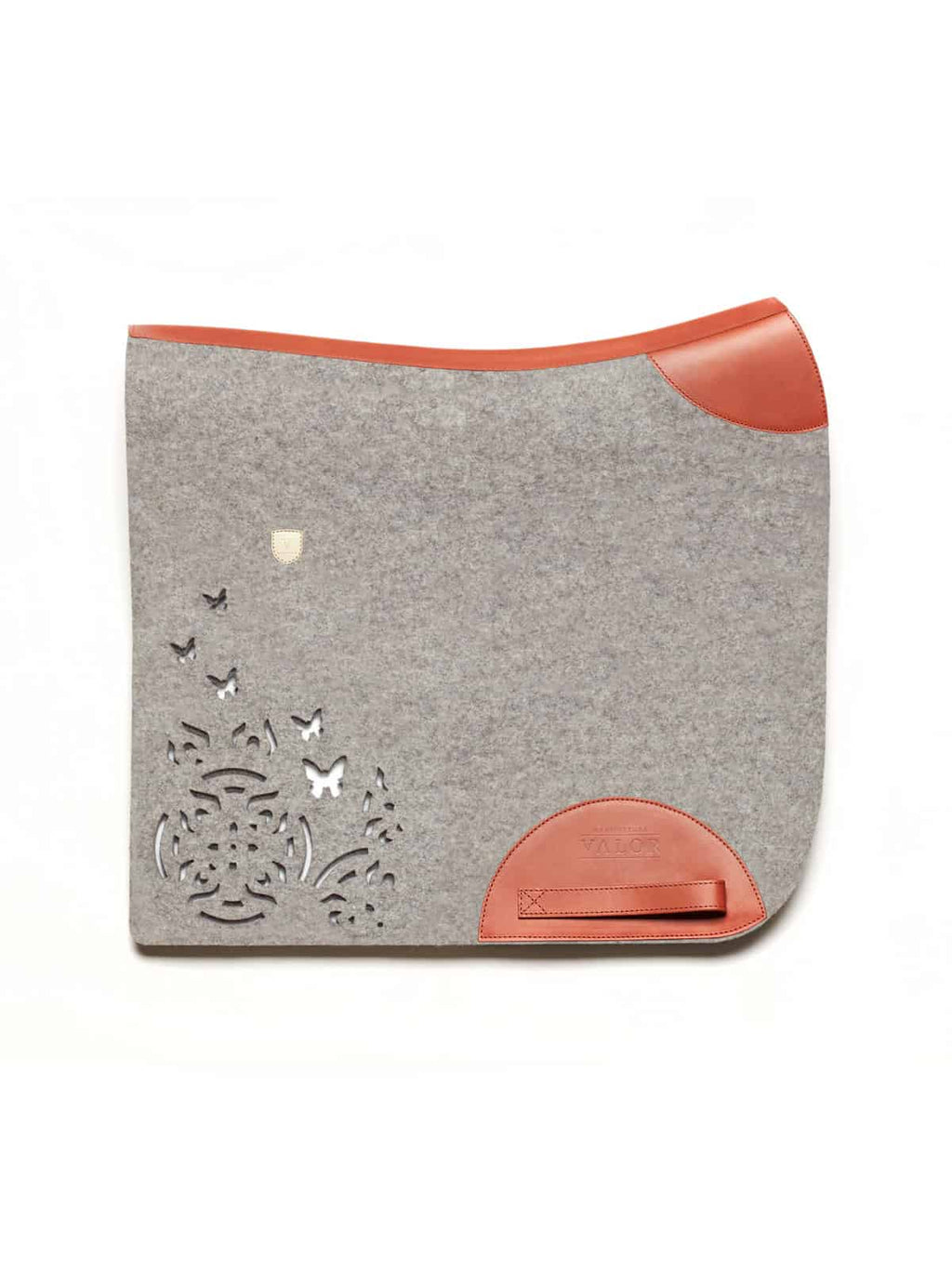 Sustainable grey wool felt saddle pad showing butterfly cut-outs and tan leather details.