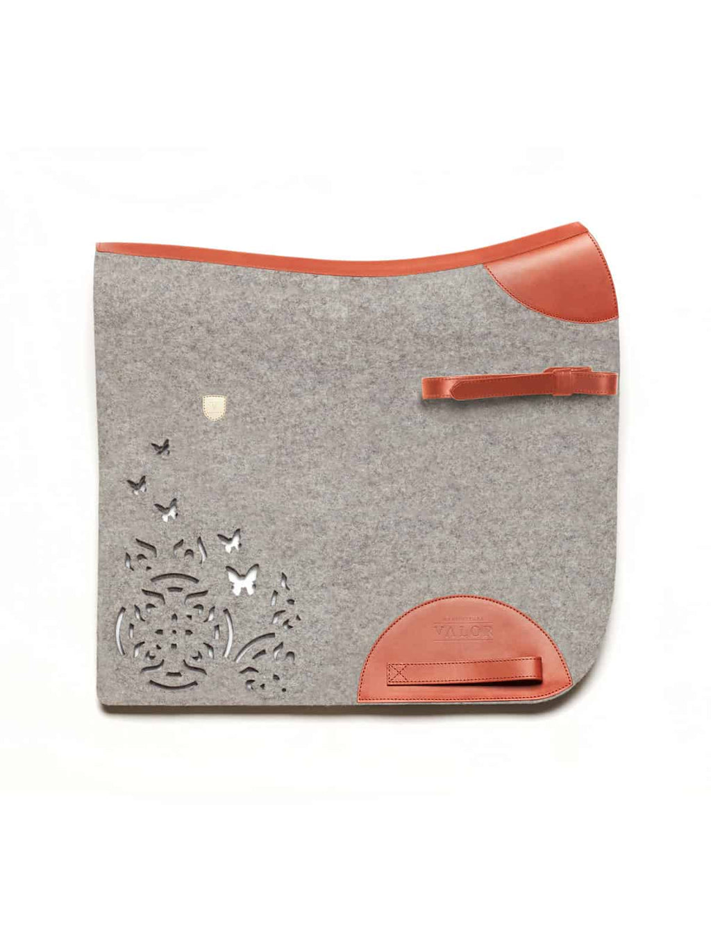 Grey FARFALLA cut-out saddle pad made from pure virgin wool felt with tan calf leather trimmings.