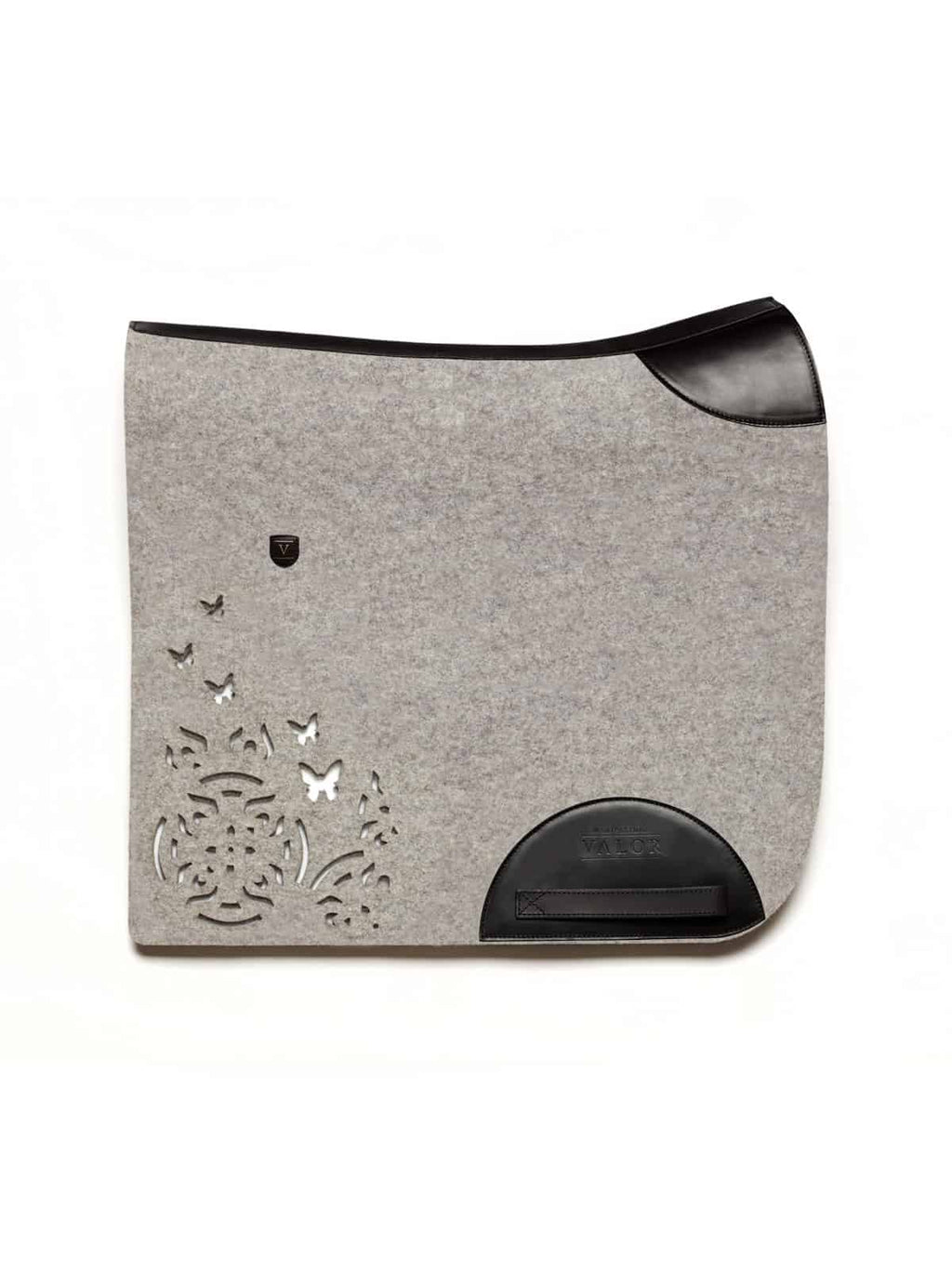 VALOR grey wool felt saddle pad showing elegant butterfly cut-out patterns and black leather accents. 