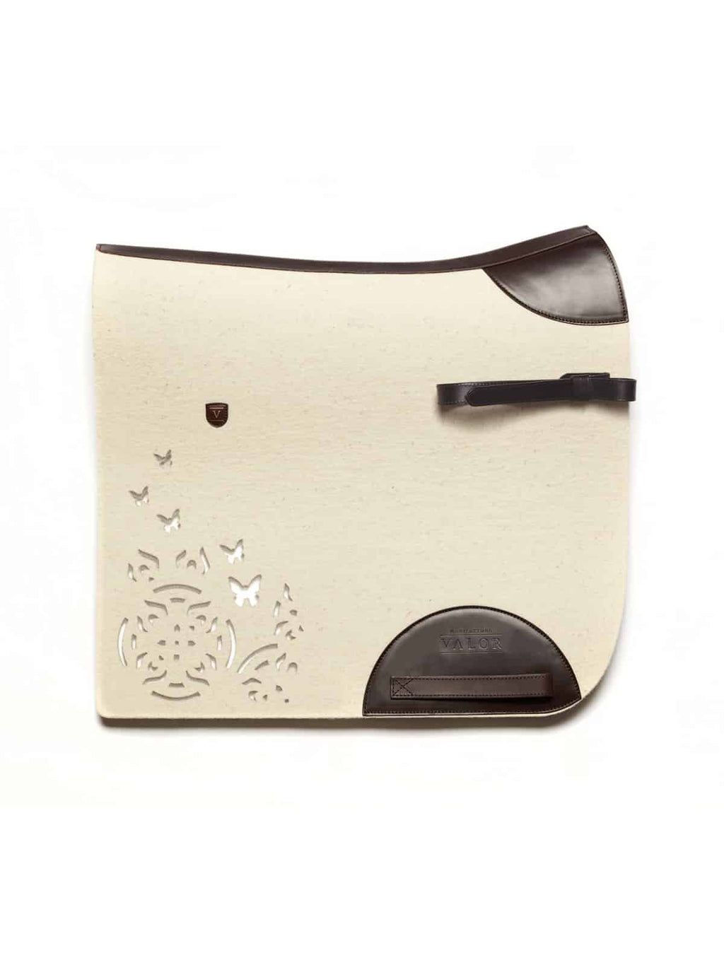 Cream FARFALLA horse saddle pad in natural wool felt without quilting seams and dark brown leather trim.