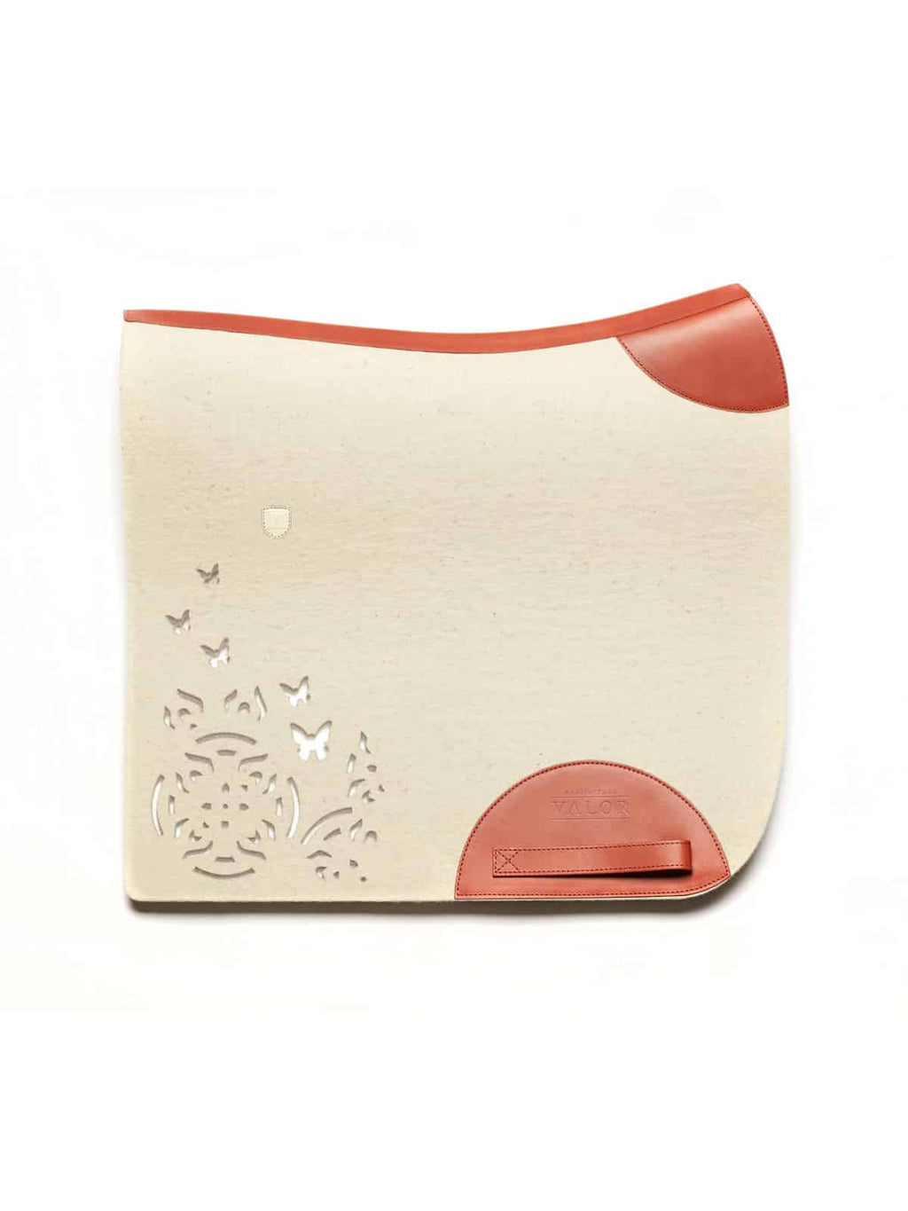 Cream felt dressage saddle pad featuring tan leather trim and a laser-cut pattern of butterflies and flowers.