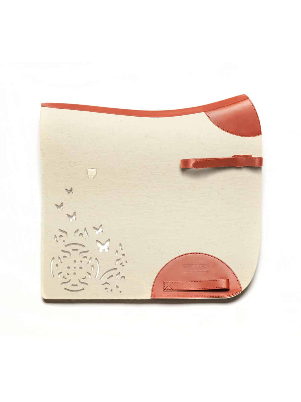 High-quality FARFALLA dressage saddle pad white 8mm felt with stylish cognac leather and side straps