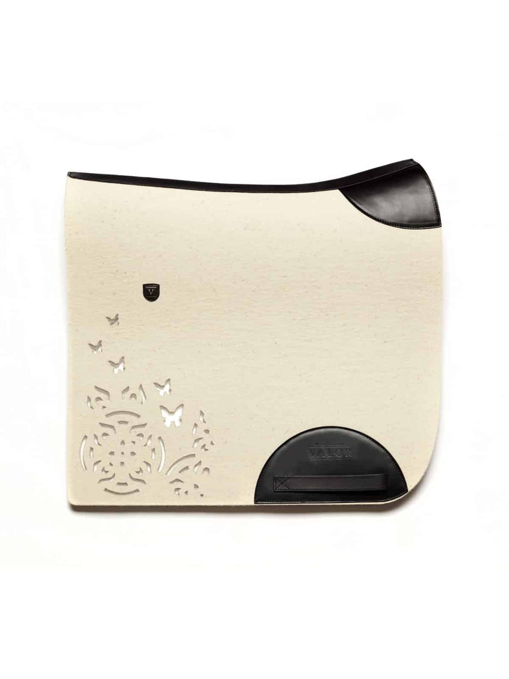 Cream FARFALLA cut-out saddle pad made from pure virgin wool felt with sleek black leather trimmings.