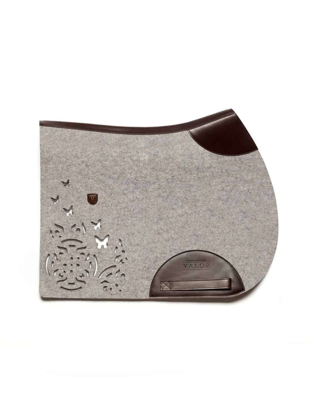 The Farfalla show jumping saddle pad in silver-grey and brown leather, featuring a clean strapless silhouette.