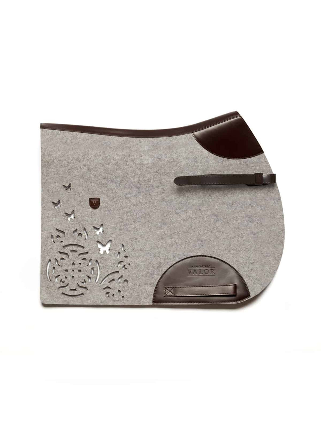 Farfalla show jumping saddle pad in silver-grey and brown leather, 51 cm size, with side attachment straps.