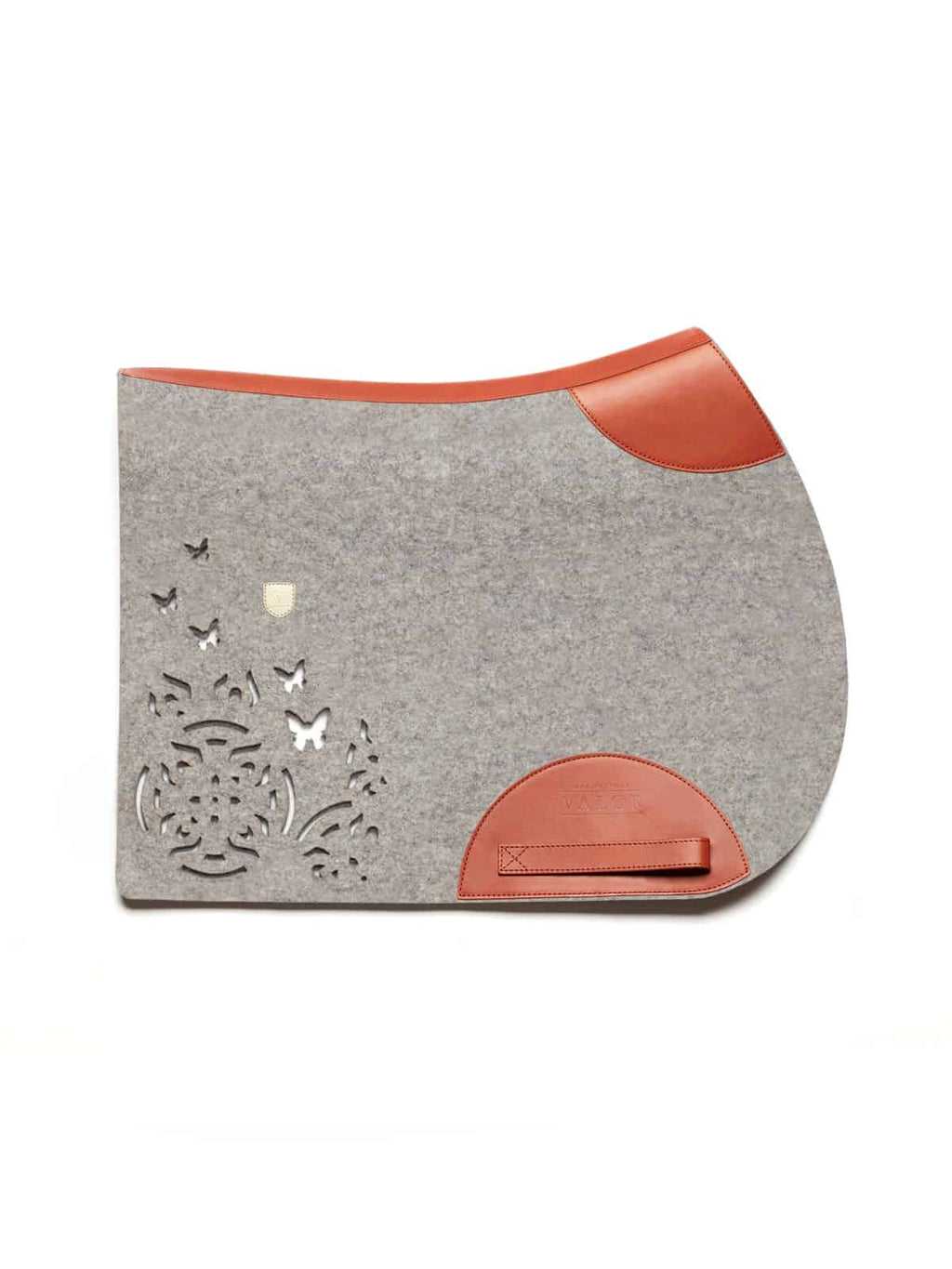 Without straps, Farfalla show jumping saddle pad ca.8mm silvergrey cognac leather trim BL51cm H47cm