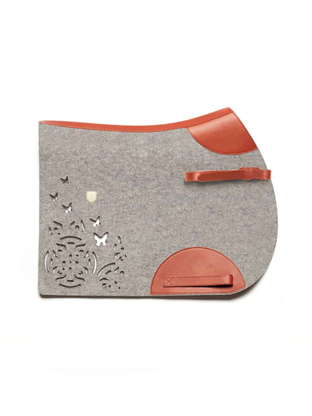 Show jumping Farfalla pad silvergrey ca.8mm cognac leather with fixing straps