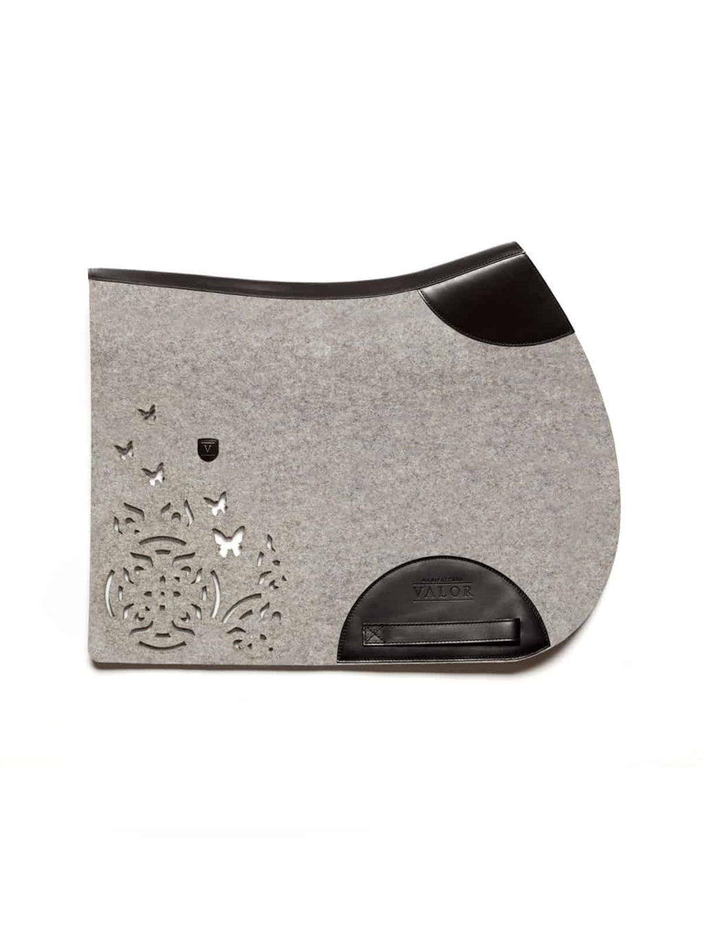 FARFALLA silvergrey felt jumping saddle pad with black leather accents, clean no-strap finish