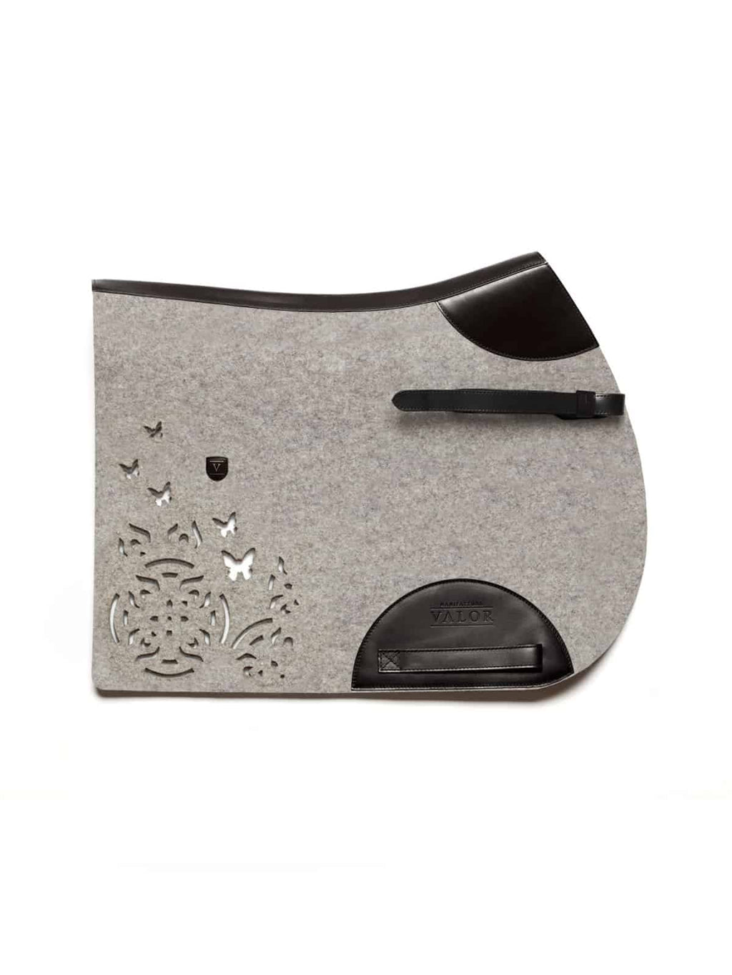 Show jumping FARFALLA saddle pad silvergrey felt and black leather trim, designed with straps