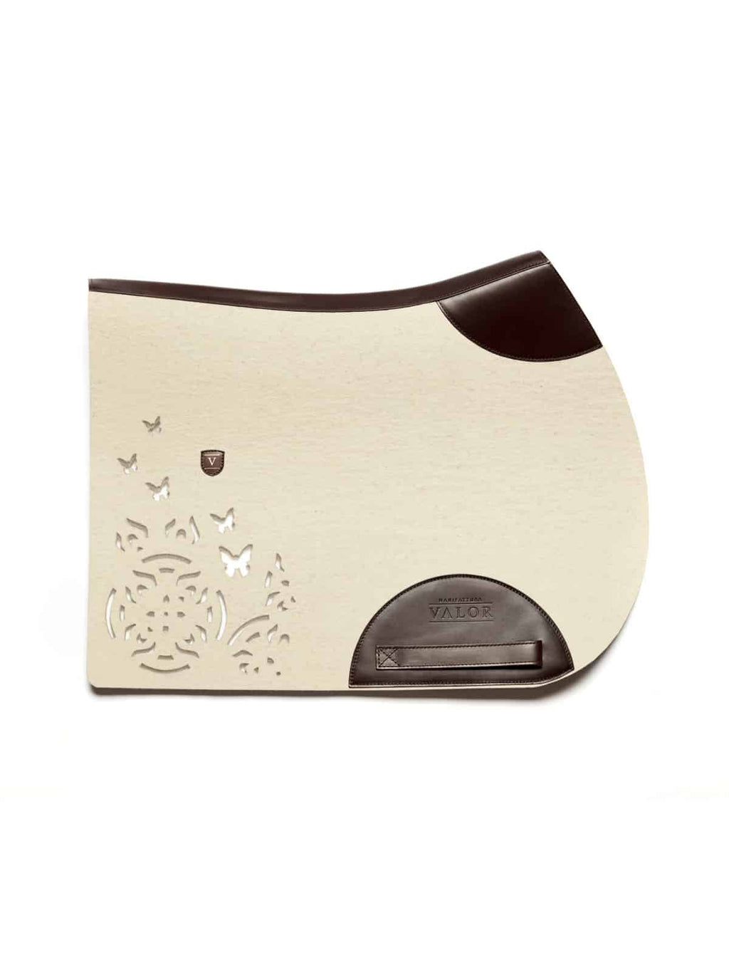 FARFALLA white felt jumping saddle pad with brown leather accents, clean no-strap finish