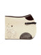 Elegant FARFALLA saddle pad in natural white felt and brown leather, jumping cut with straps