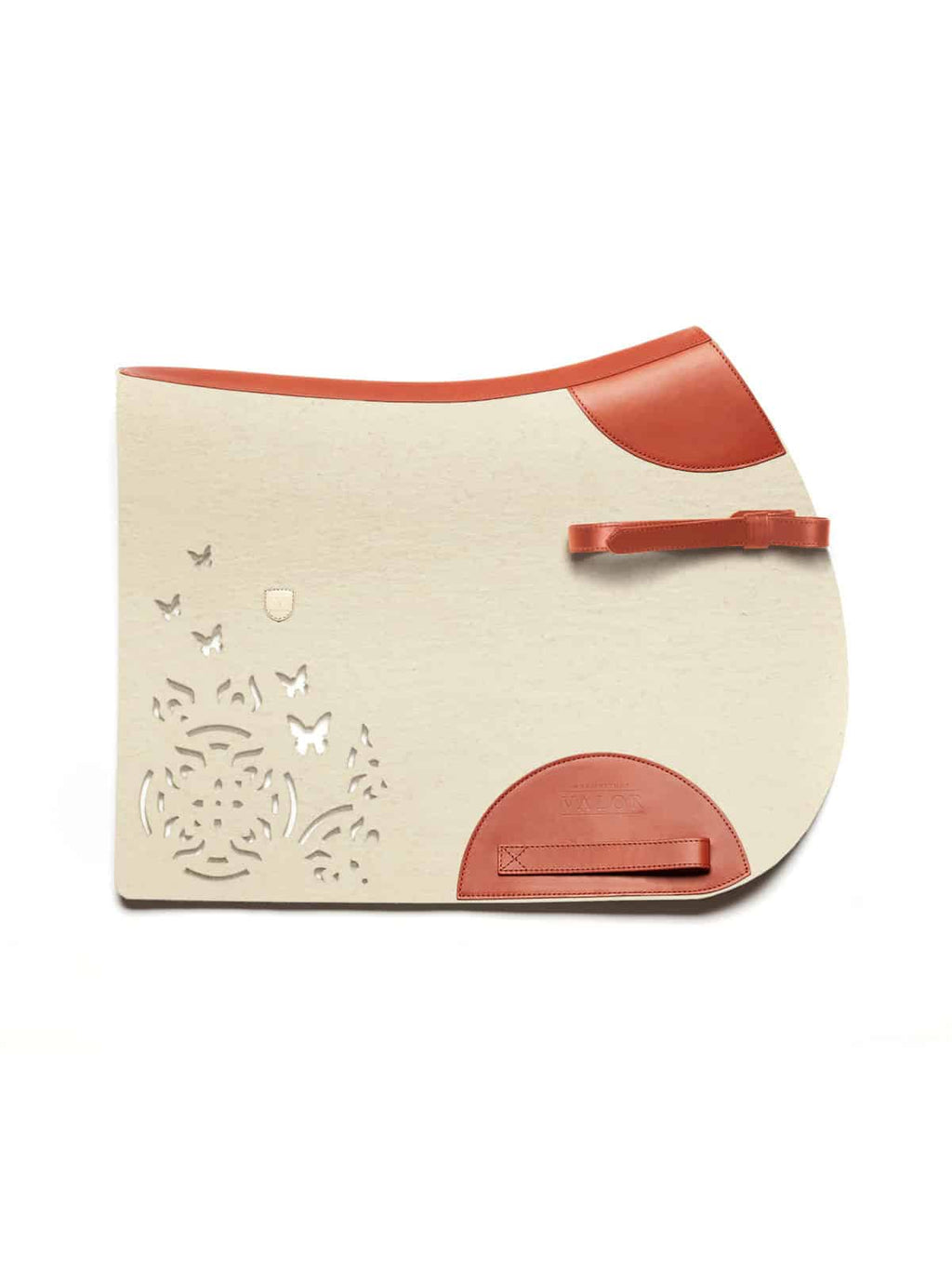 Premium FARFALLA show jumping saddle pad natural white felt with cognac leather and side straps
