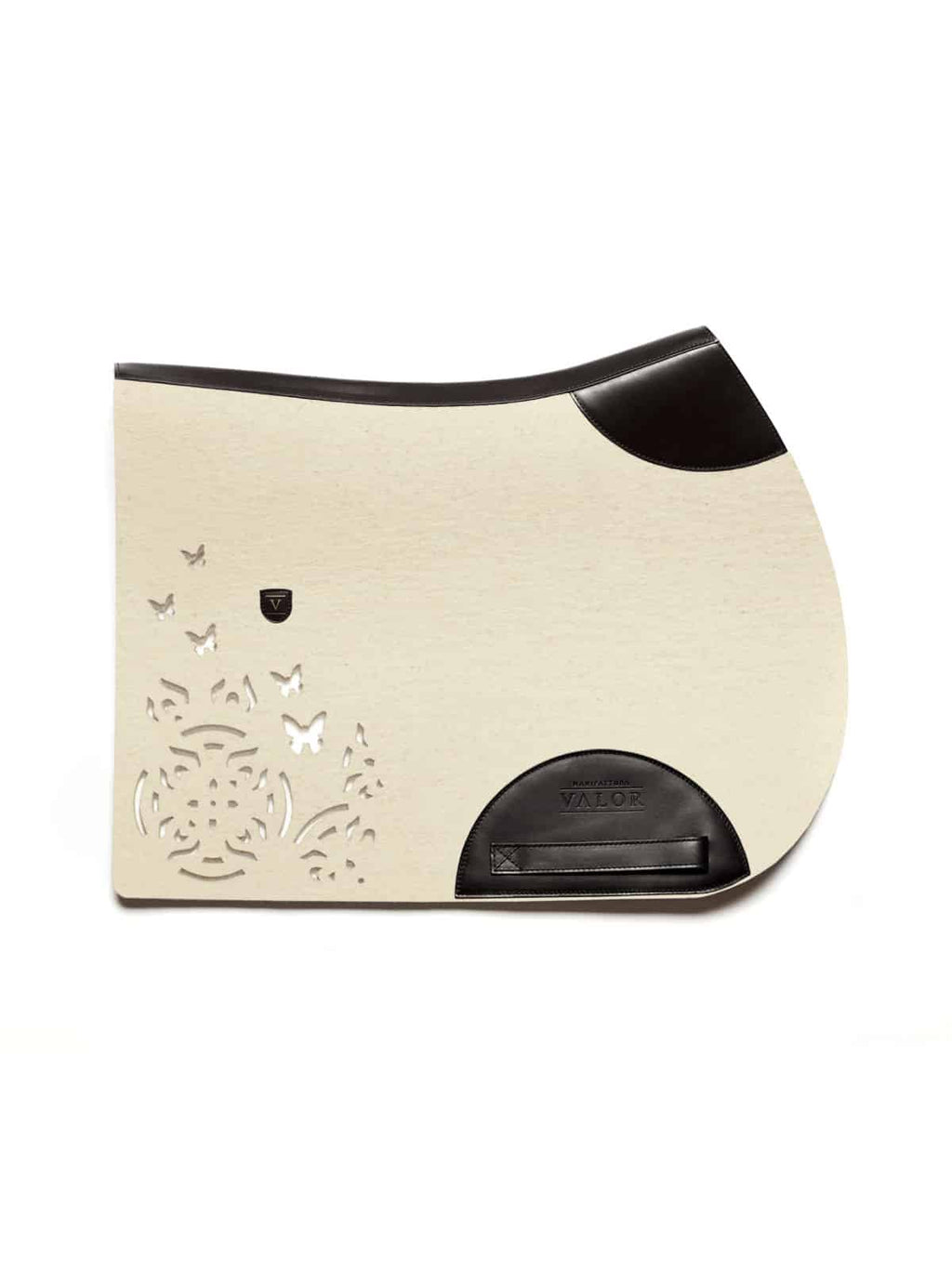 Show jumping FARFALLA saddle pad in white felt with black leather trim, crafted without straps