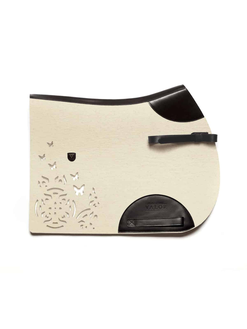 Stylish FARFALLA show jumping pad in white felt and black leather with straps for secure fit