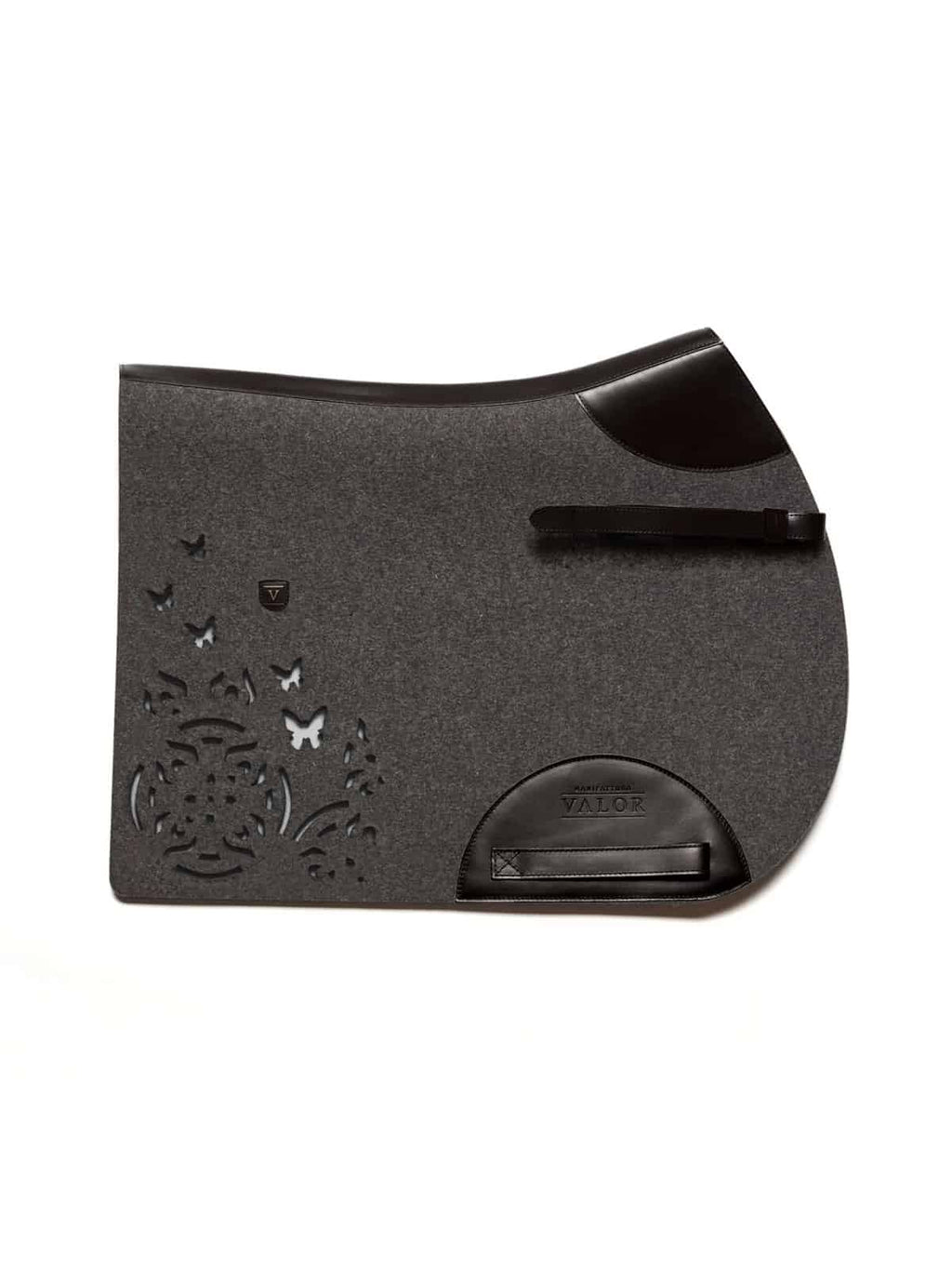 Premium FARFALLA anthracite show jumping saddle pad featuring black leather edges and straps