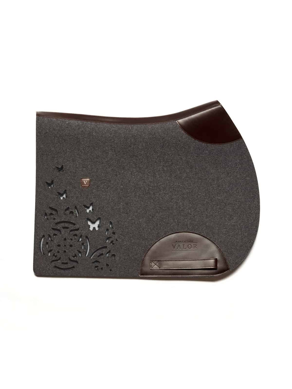 Premium FARFALLA anthracite show jumping saddle pad featuring brown leather edges, no straps