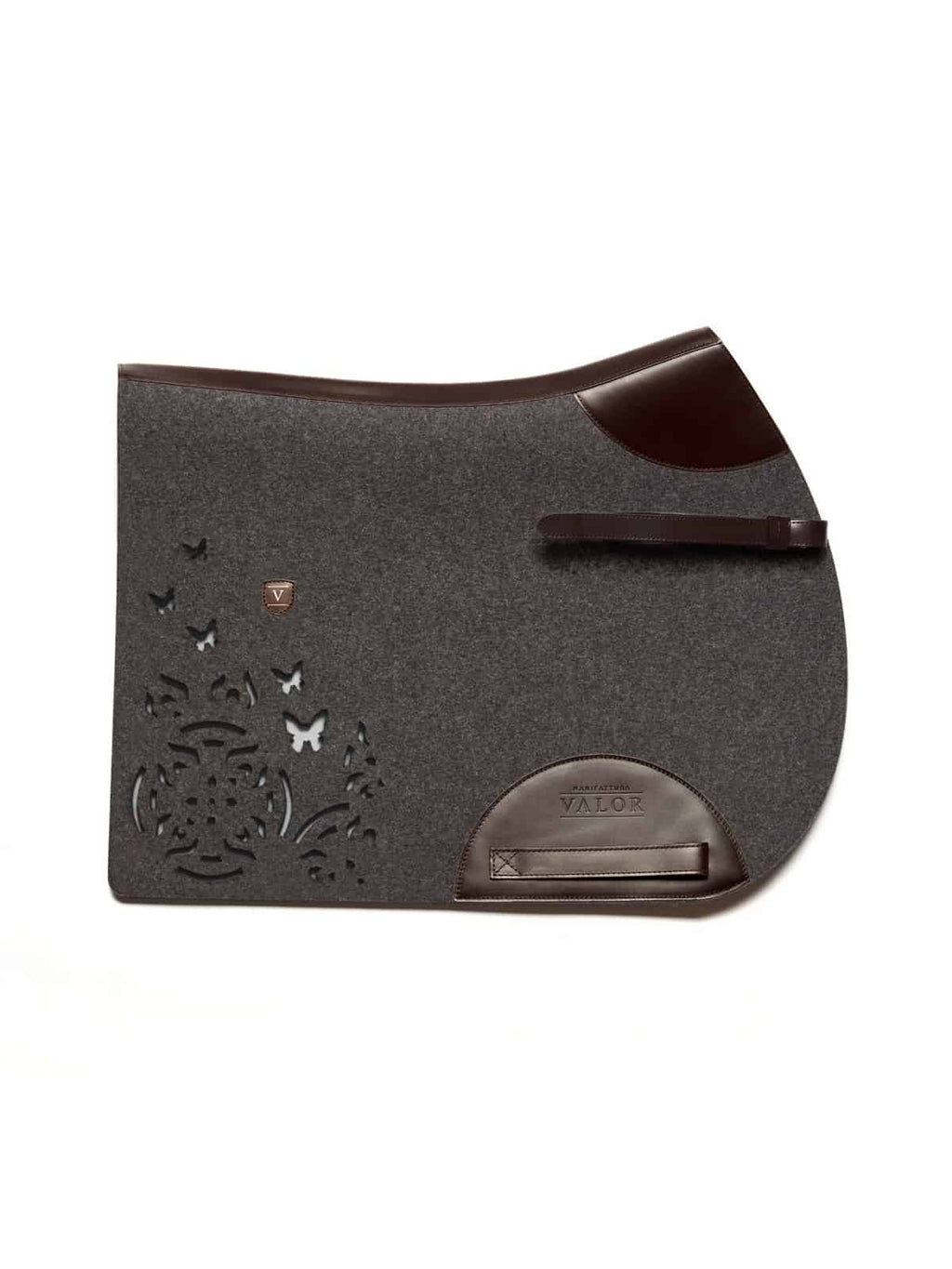 Farfalla show jumping saddle pad anthracite ca.5mm brown leather straps fixed at side BL51cm H47cm