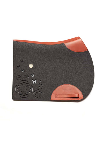 Minimal FARFALLA show jumping saddle pad anthracite with cognac leather trim strapless style