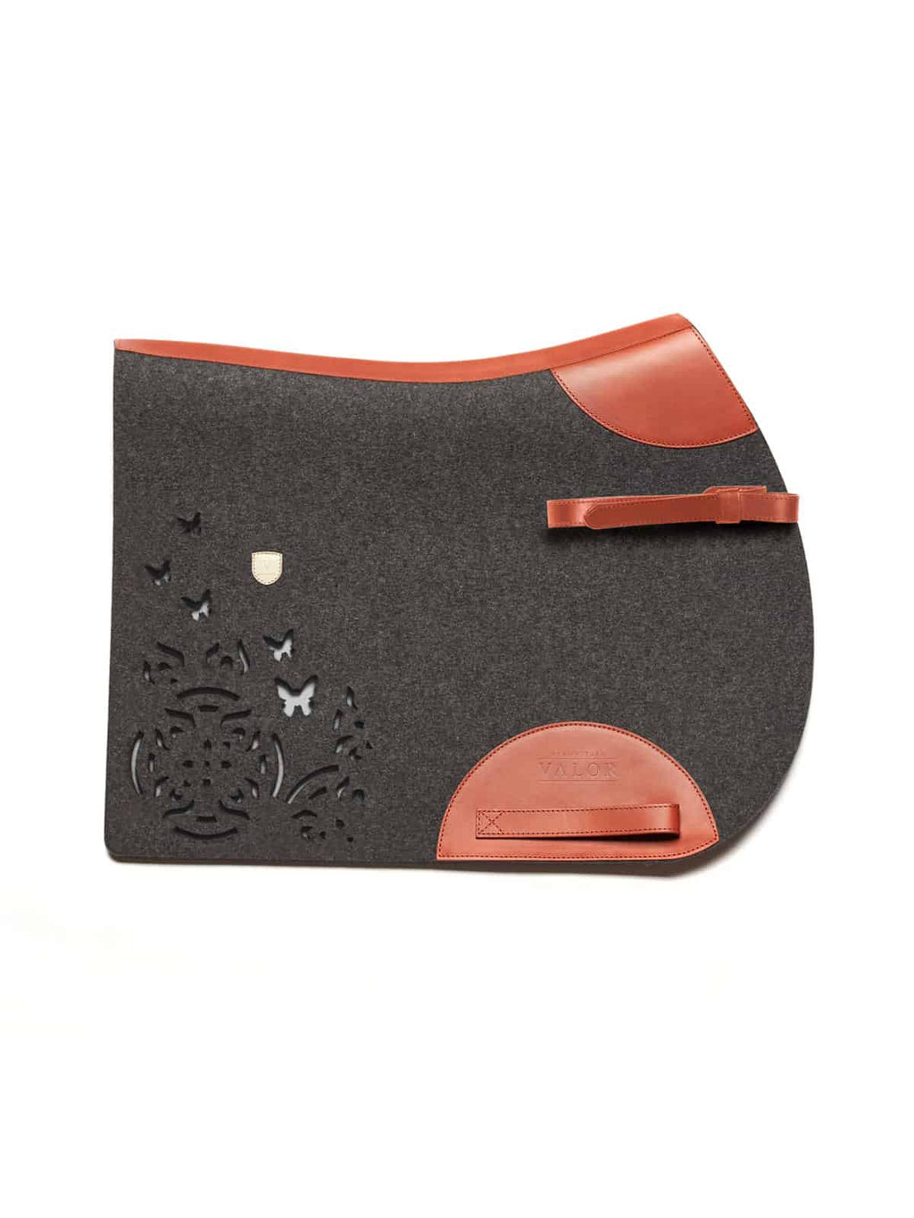 Elegant FARFALLA jump saddle pad anthracite with cognac leather trim and side straps design