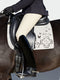 Elegant FARFALLA saddle pad in silvergrey felt and black leather, dressage cut with side straps
