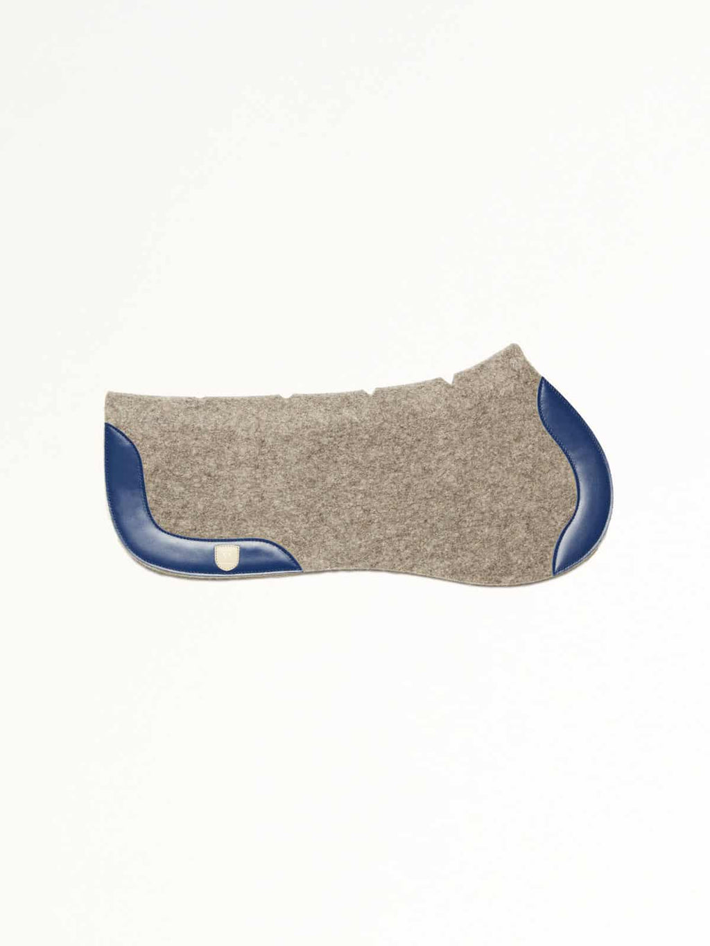 Grey felt half saddle pad with blue trim, curved profile, and contoured ergonomic design.