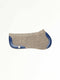 Grey felt half saddle pad with blue trim, curved profile, and contoured ergonomic design.