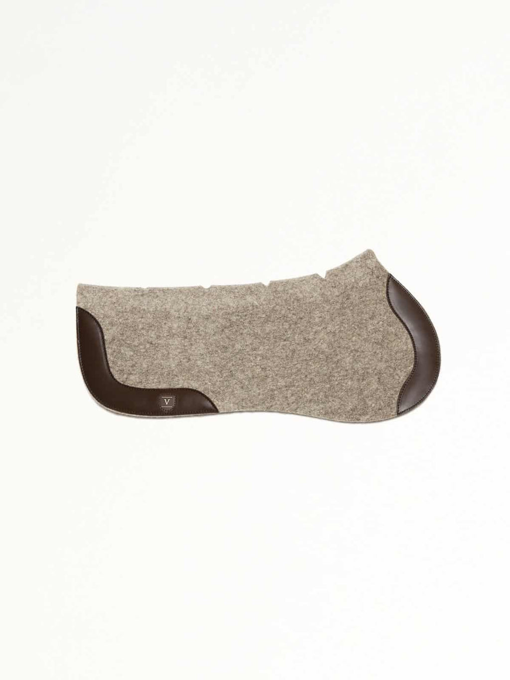 Grey felt half saddle pad with dark brown trim, curved profile, and contoured ergonomic design.