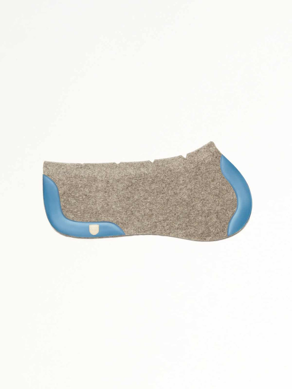 A side-view image of a textured grey felt horse saddle pad with bright blue leather wear leathers on the front and back edges, isolated on a white background.