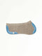 A side-view image of a textured grey felt horse saddle pad with bright blue leather wear leathers on the front and back edges, isolated on a white background.