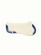 A side-view image of a cream-colored felt horse saddle pad with navy blue leather wear leathers and a small logo, isolated on a white background.