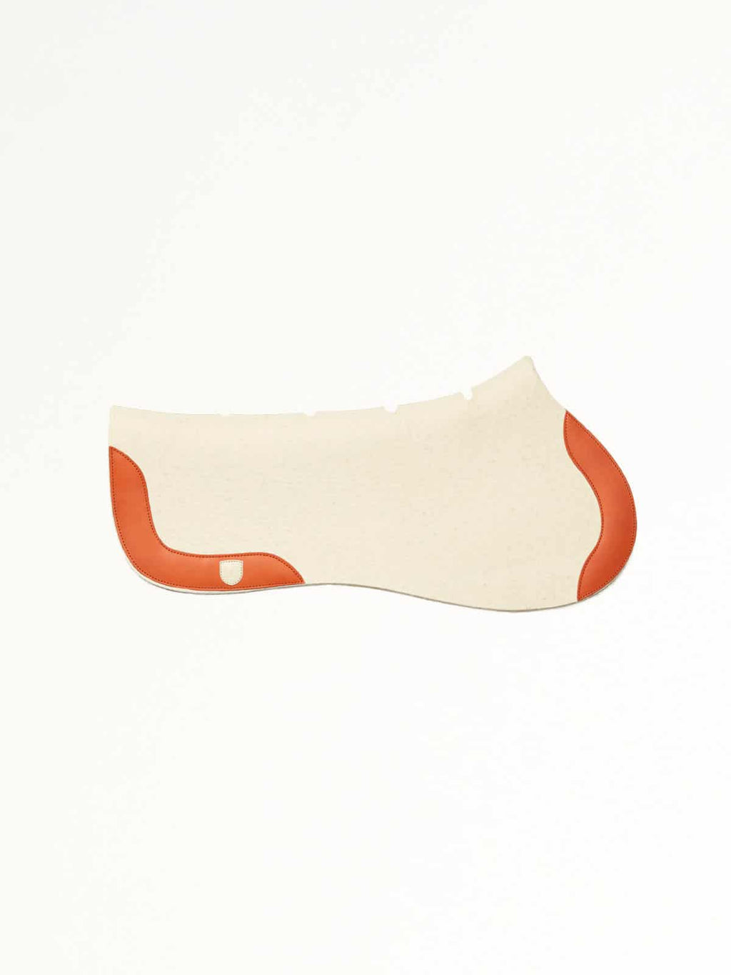 A cream-colored felt horse saddle pad with orange leather trim on the front and back edges, shown from a side profile on a white background.