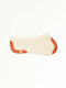 A cream-colored felt horse saddle pad with orange leather trim on the front and back edges, shown from a side profile on a white background.