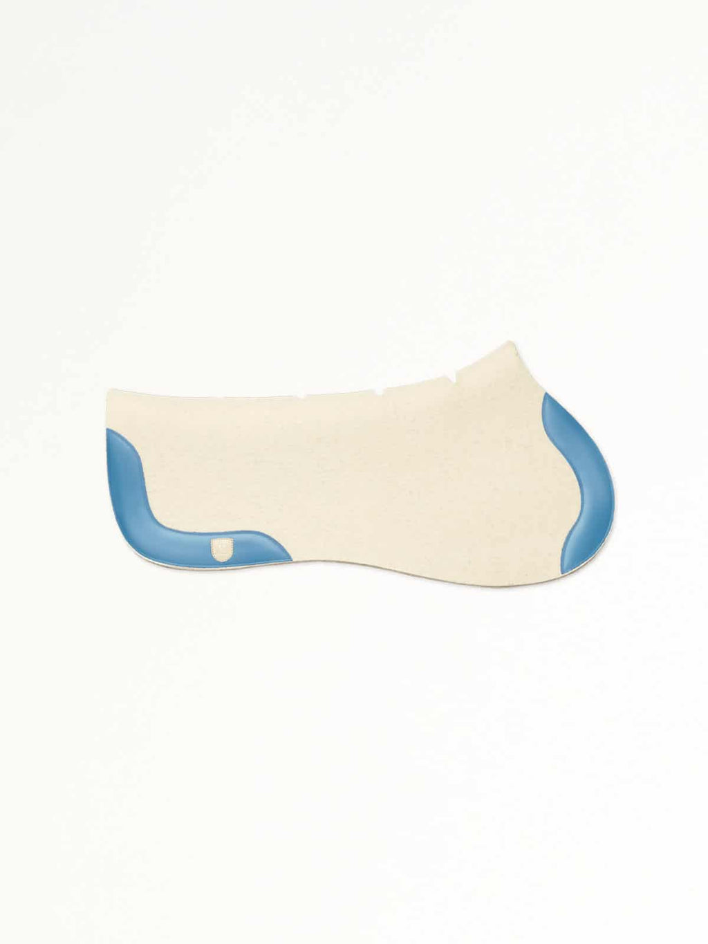 A cream-colored felt horse saddle pad with blue trim on the front and back edges, shown from a side profile on a white background.