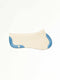 A cream-colored felt horse saddle pad with blue trim on the front and back edges, shown from a side profile on a white background.