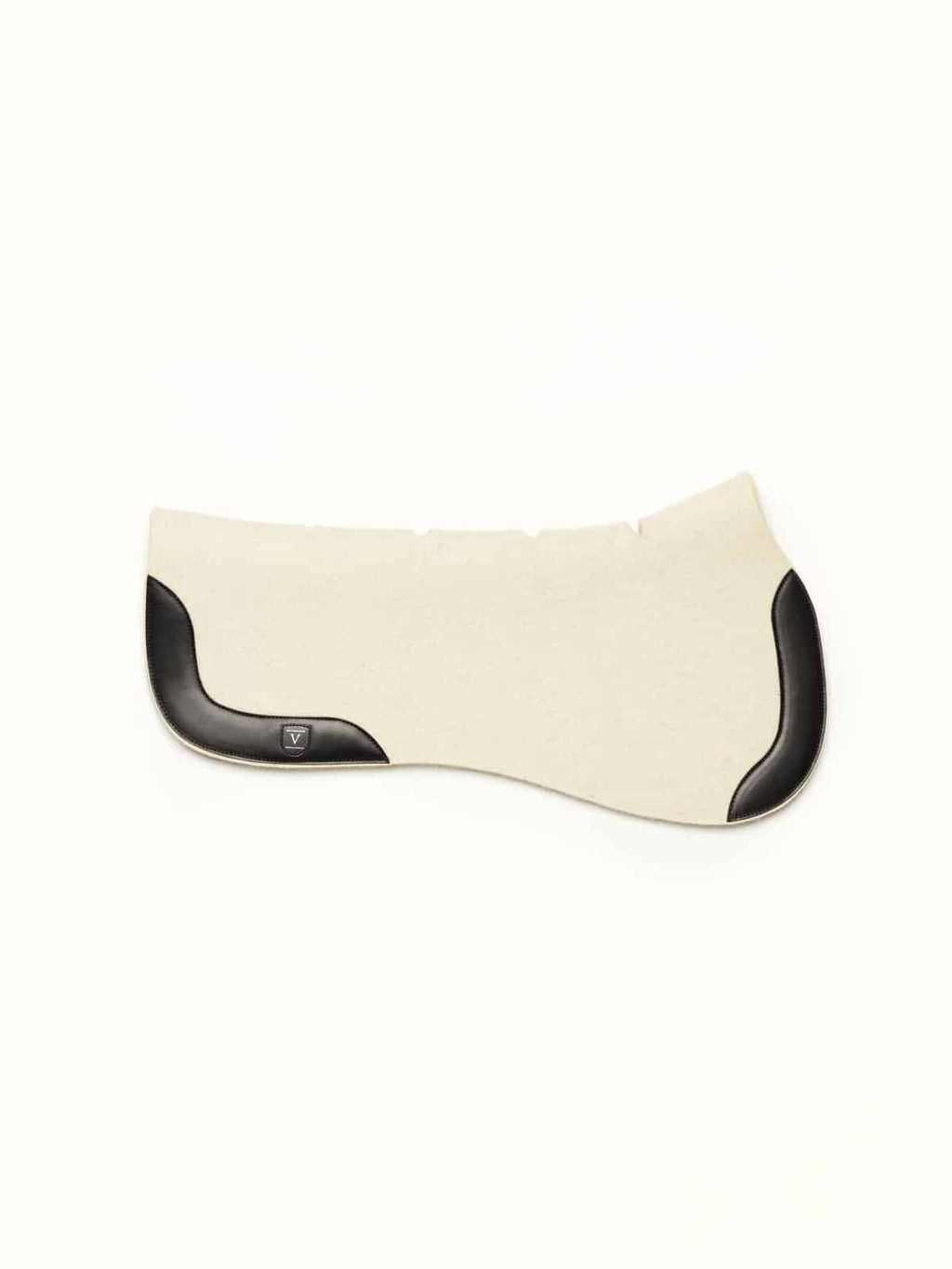 A cream-colored felt horse saddle pad with black leather trim on the front and back edges, shown from a side profile on a white background.