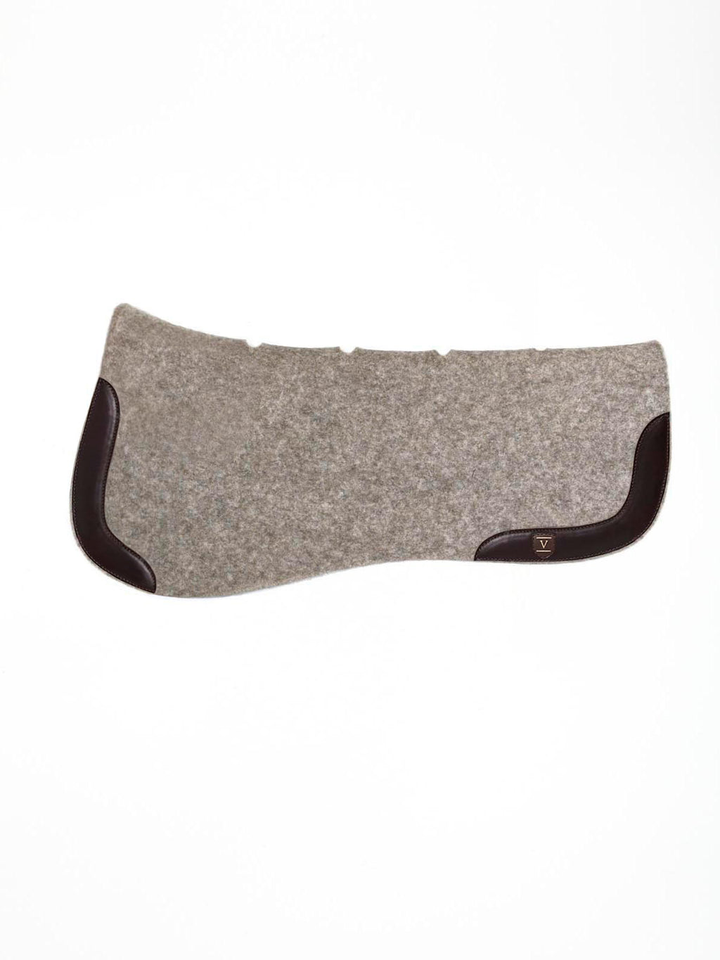 A side-view image of a textured grey felt horse saddle pad with dark brown leather wear leathers and a small "V" logo, isolated on a white background.