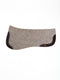 A side-view image of a textured grey felt horse saddle pad with dark brown leather wear leathers and a small "V" logo, isolated on a white background.