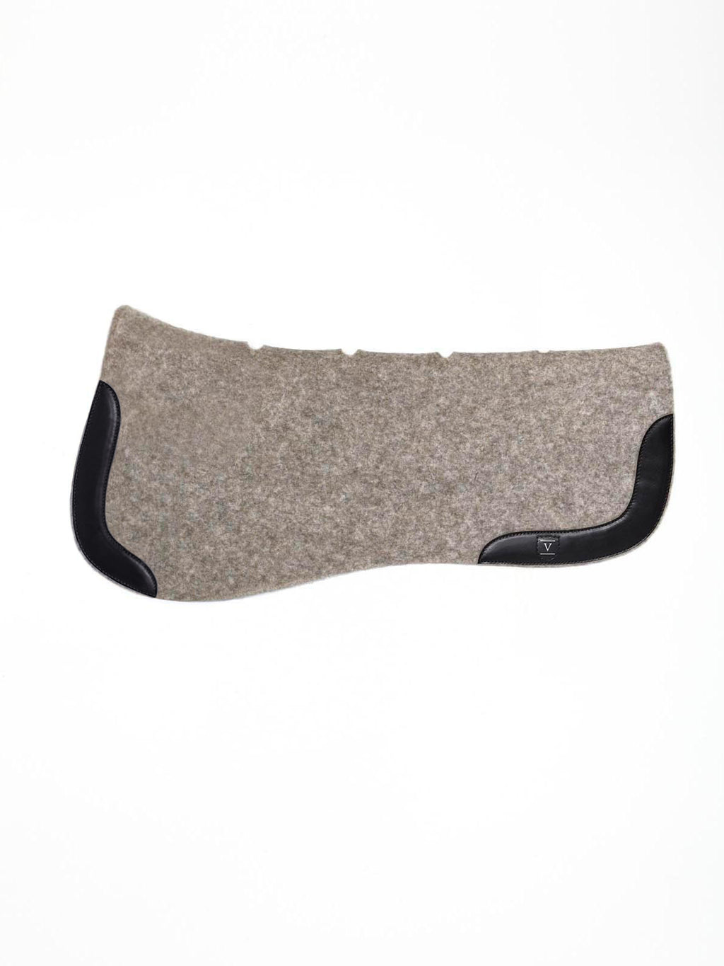 A side-view image of a textured grey felt horse saddle pad with black leather wear leathers and a small "V" logo, isolated on a white background.
