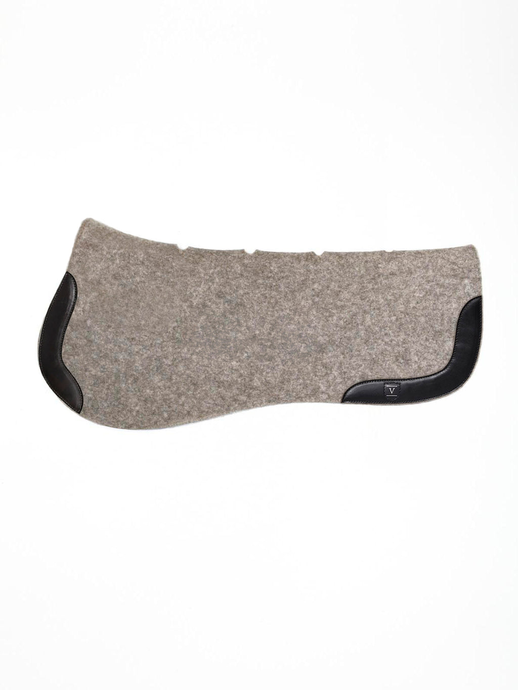 A side-view image of a textured grey felt horse saddle pad with black leather wear leathers, featuring a small "V" logo, isolated on a white background.