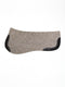 A side-view image of a textured grey felt horse saddle pad with black leather wear leathers, featuring a small "V" logo, isolated on a white background.