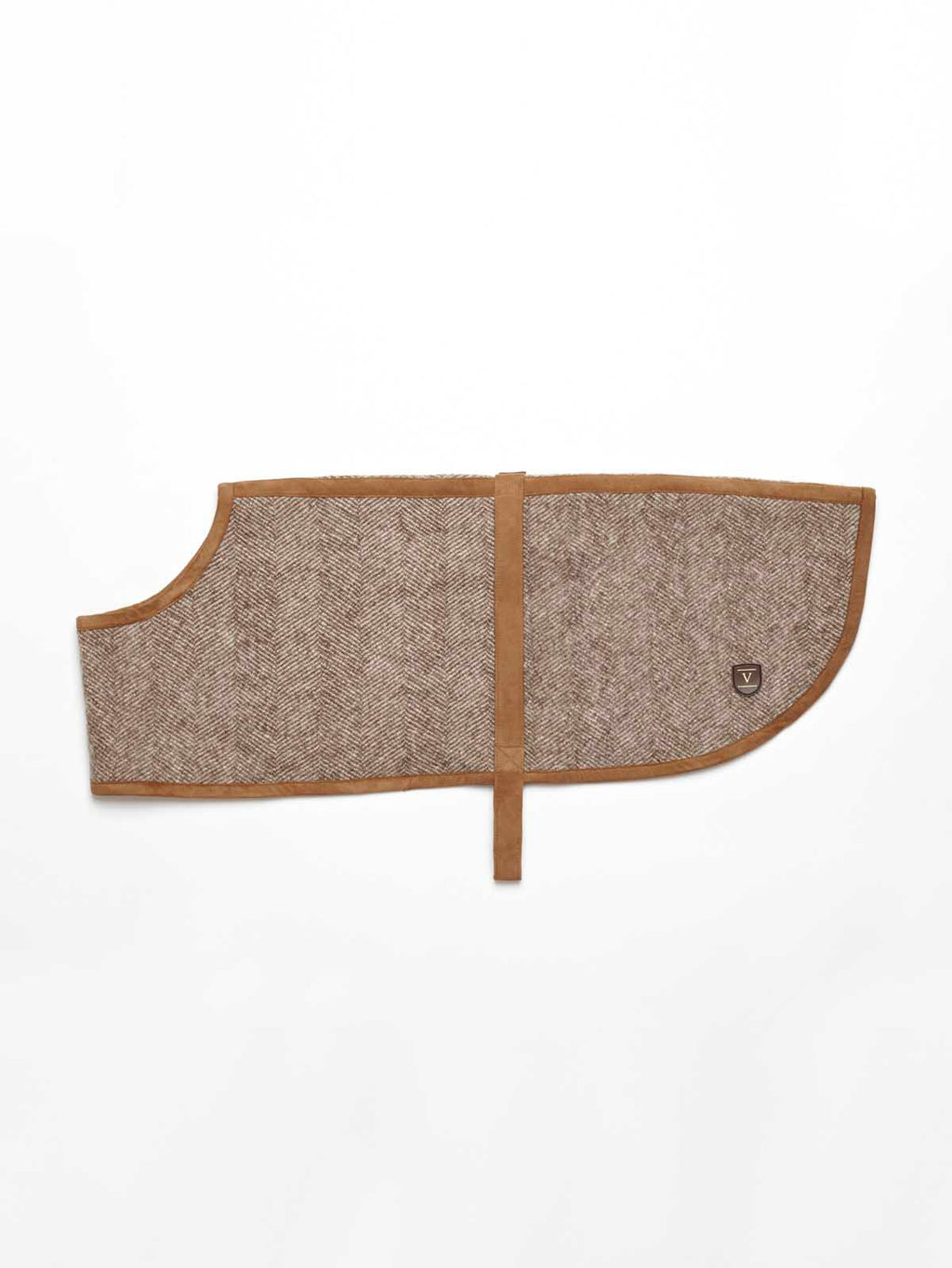 Manifattura VALOR brown herringbone tweed wool dog coat featuring tan suede trim, a small brand emblem, and an adjustable belly strap.